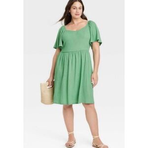 AVA VIV Romantic Green Flutter Sleeve Midi Dress Summer Garden Party Textured
